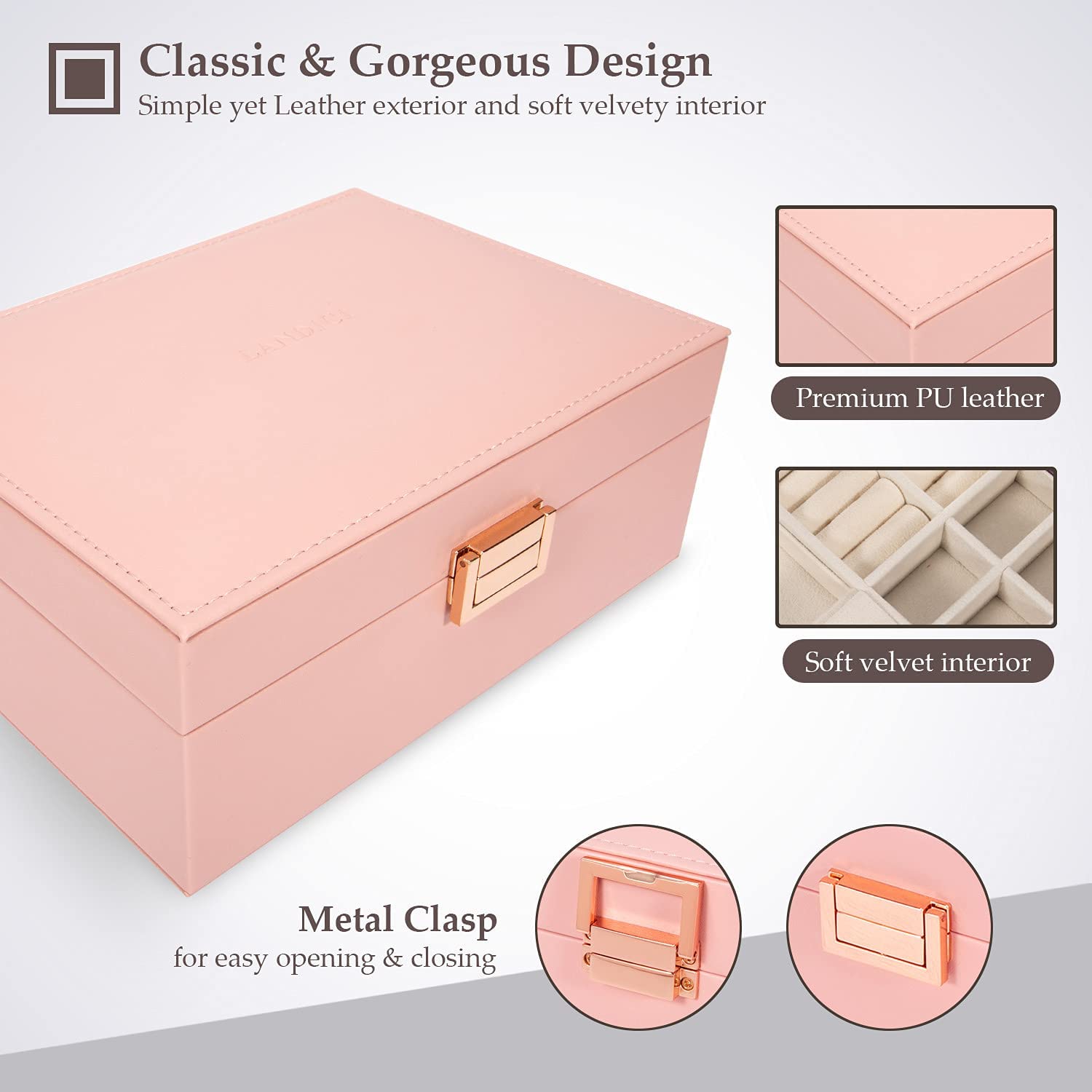 LANDICI Jewelry Organizer Box for Women Teen Girls,Large Jewelry Storage Case with Mirror,2 Layer Removable Stackable Tray,Leather Jewellery Display Holder for Ring Necklace Earring Bracelets,Grey - Image 5